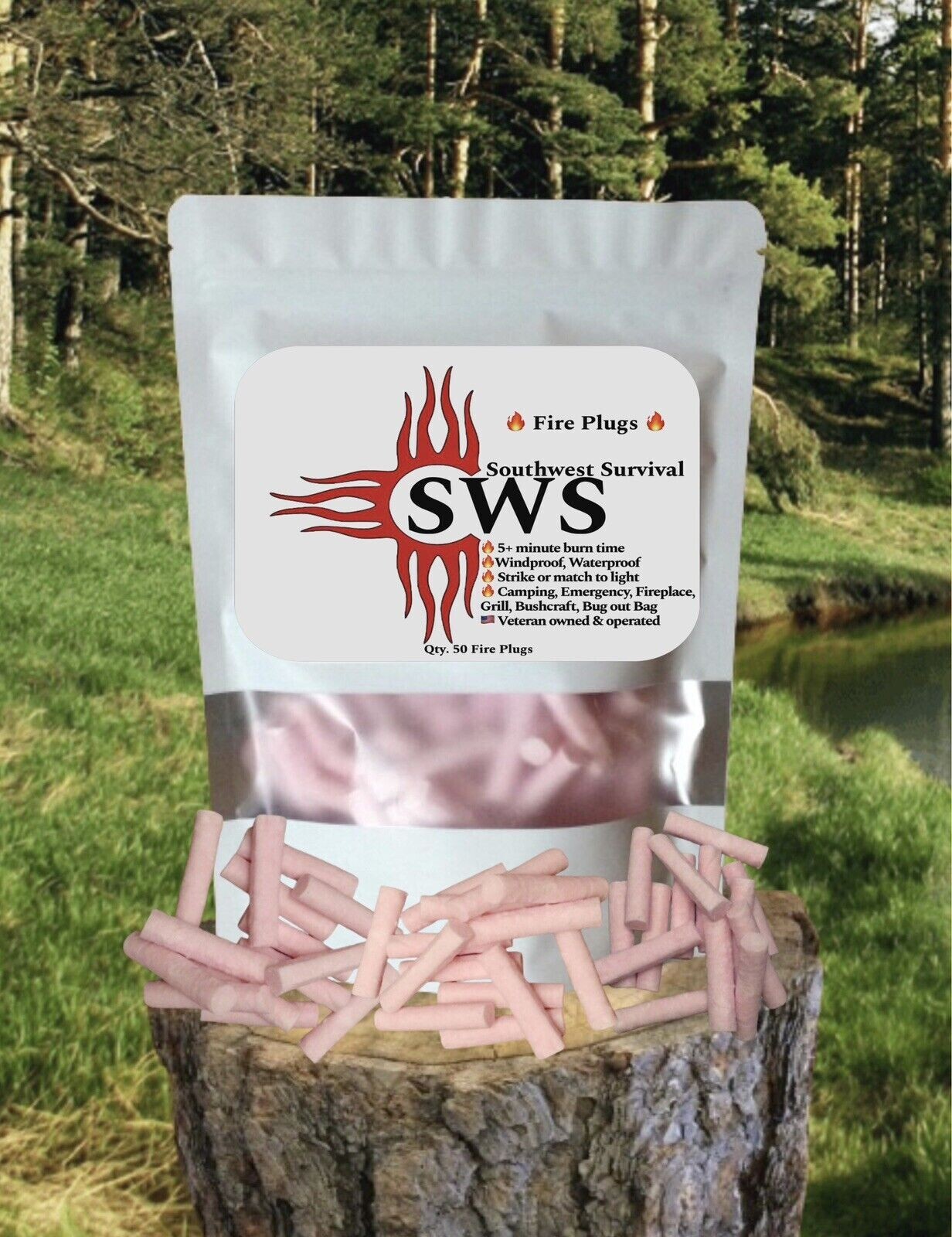 Bag of SWS fire plugs on a stump